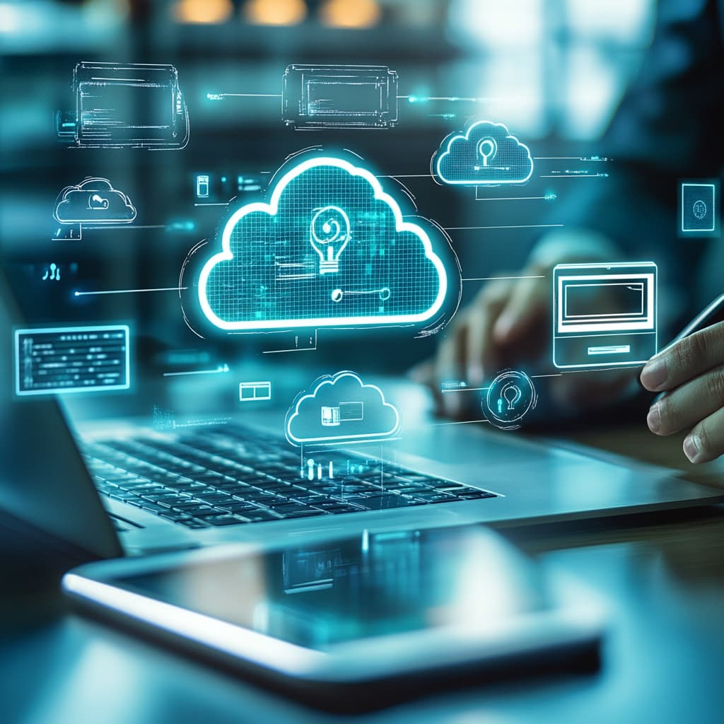 Floating icons over a laptop representing cybersecurity tools