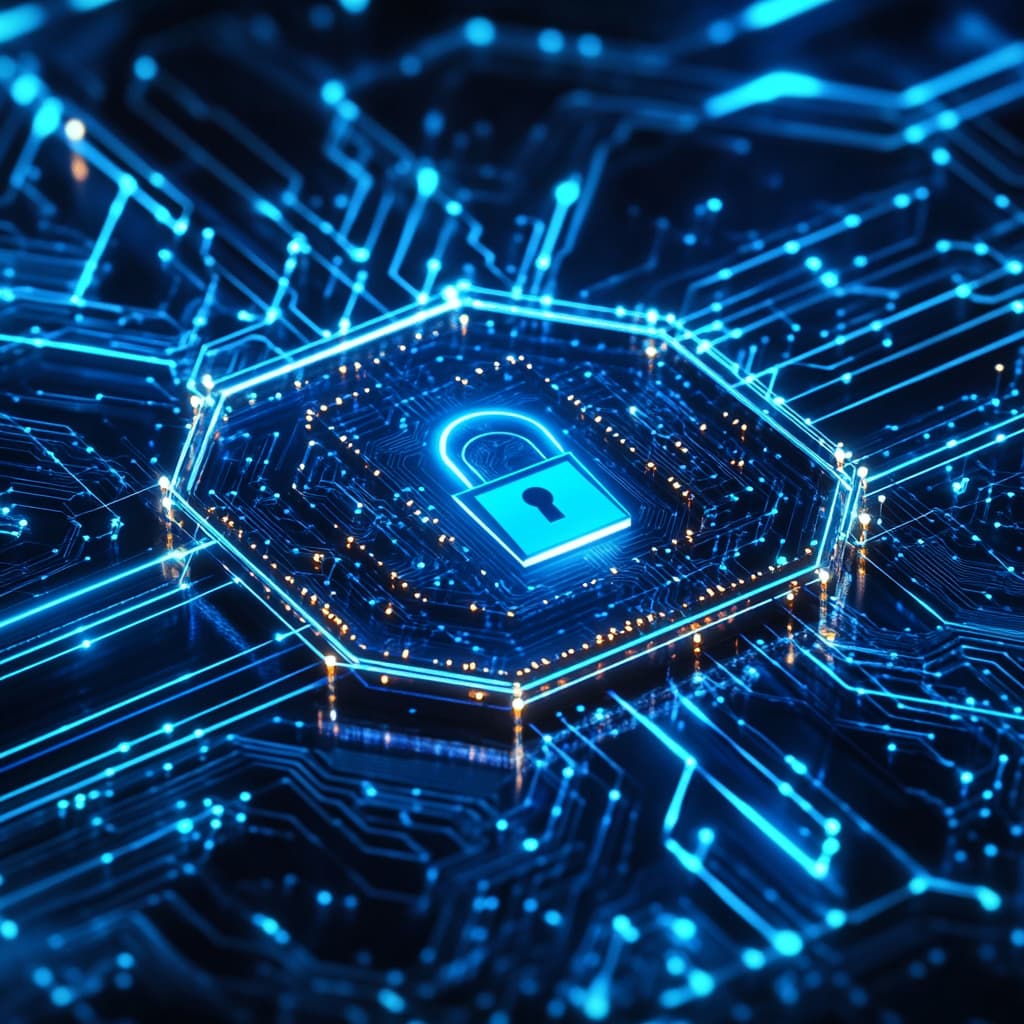 Futuristic concept of Zero Trust cybersecurity for small businesses, digital lock, secure network nodes, modern blue tech theme, professional style