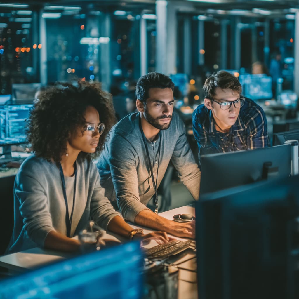 Cybersecurity team working and experiencing wifi issues, modern office environment, tech-forward look