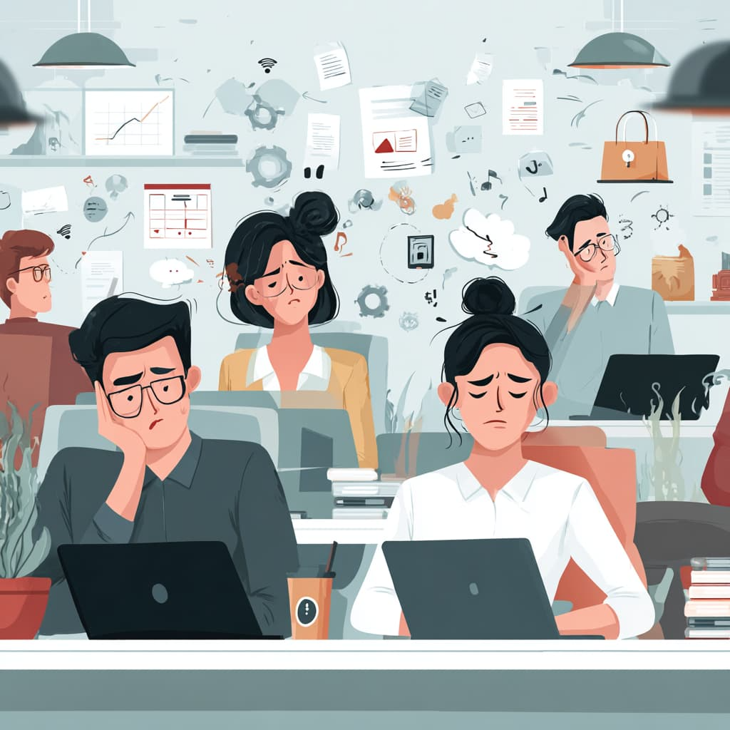 
An office environment showing multiple issues from poor Wi-Fi: an employee losing a Zoom call, another unable to access cloud apps, and one visibly frustrated. Include icons or ghosted overlays representing productivity loss, security risks, and client dissatisfaction.