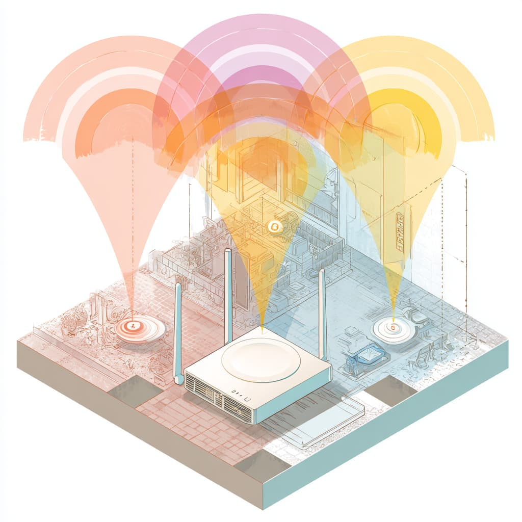 Illustration of Wi-Fi router signals interacting with interference sources: microwaves, Bluetooth devices, walls made of concrete or glass. Add clean labels showing 2.4 GHz and 5 GHz bands, signal strength loss, and channel overlapping