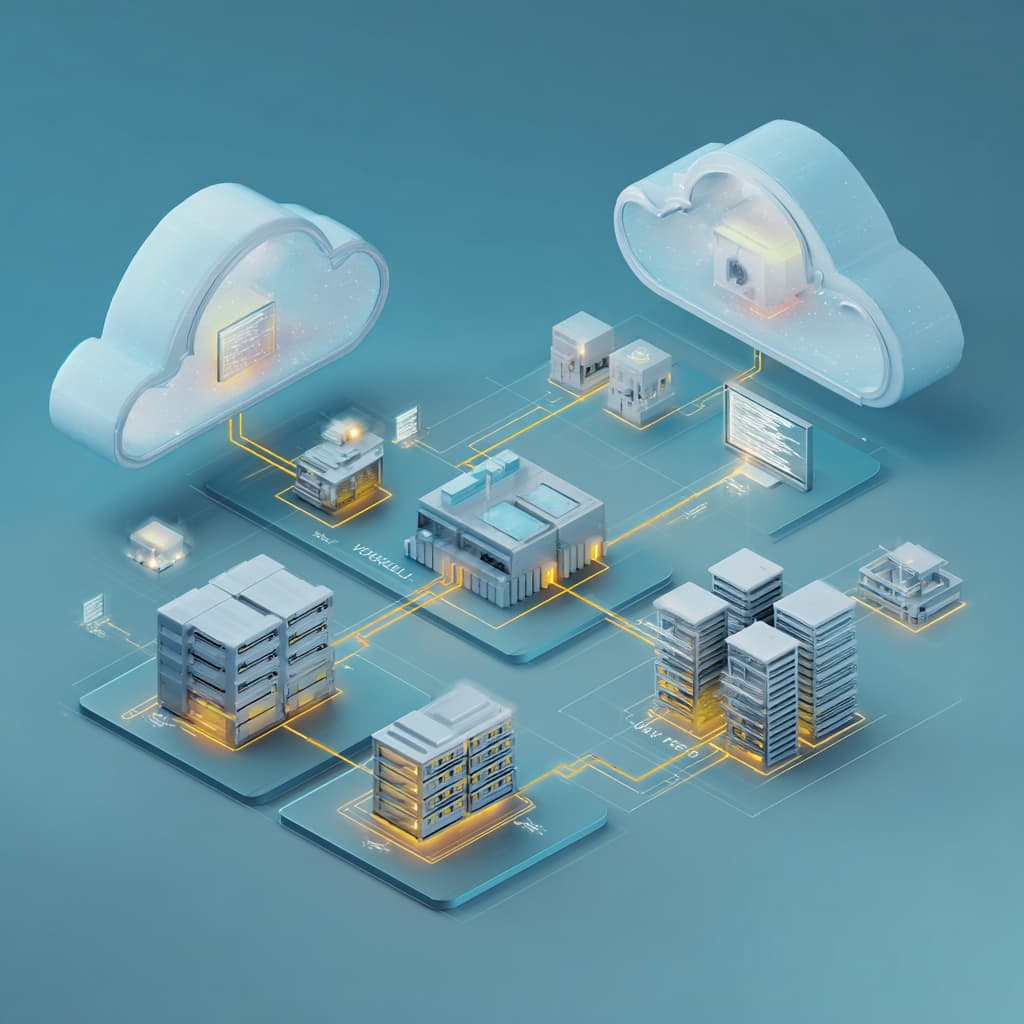 Infographic-style illustration showing three types of cloud services: public cloud with shared virtual servers, private cloud with isolated data storage, and hybrid cloud connecting both via secure pathways.