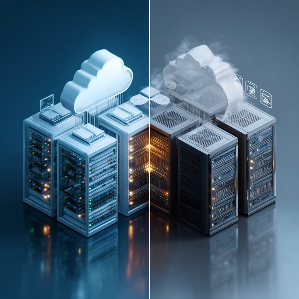 Side-by-side comparison of cloud and on-premises IT infrastructure. On the left, scalable cloud servers with icons for flexibility, cost-efficiency, and remote access; on the right, on-premise racks with icons for data privacy, control, and security. Clear visual comparison layout