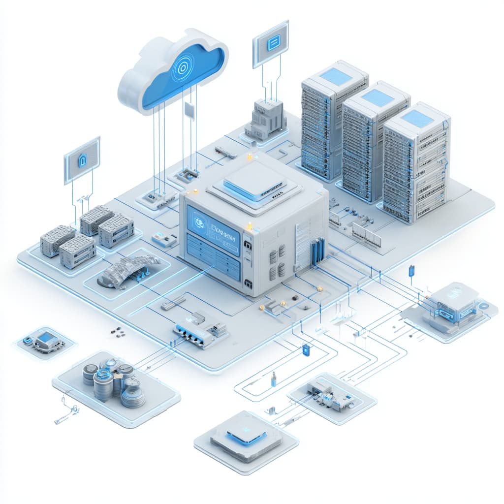 Visual of a hybrid IT infrastructure. A central control panel bridging cloud servers and on-premise racks. Data flow lines showing integration, with security locks and compliance icons over the on-prem side, and scalability/cloud flexibility icons over the cloud side