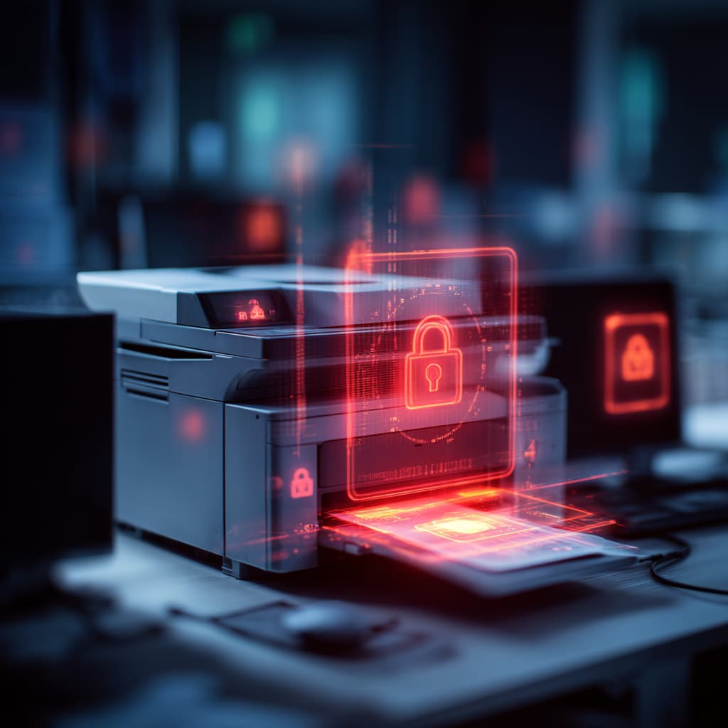 A business office environment with a multifunction printer in the foreground glowing with red warning symbols.