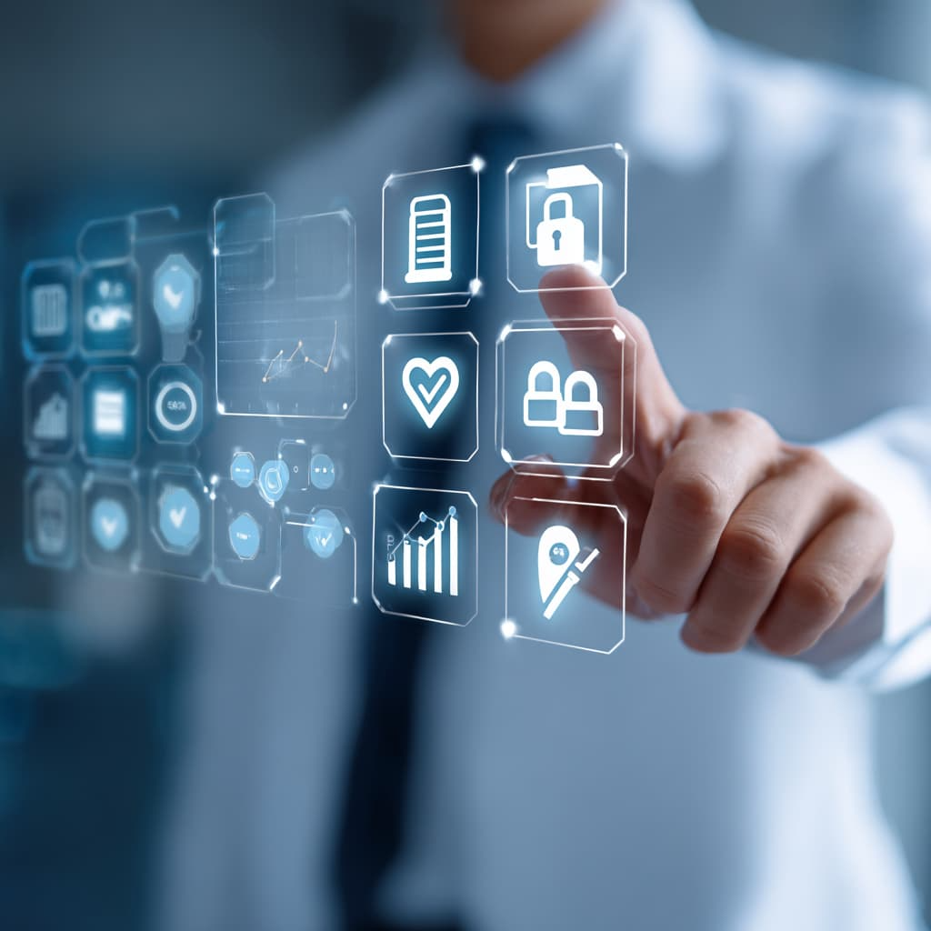 A managed services dashboard displayed on a screen with icons representing secure printers, locked files, compliance checkmarks, and performance graphs. A technician or IT expert is pointing at the screen. Clean, high-tech, reassuring tone.