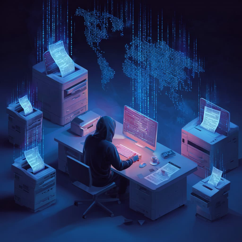 A hacker at a computer surrounded by floating images of printers, binary code, and a world map showing digital attacks.