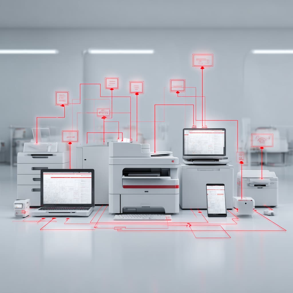 Modern office printer connected to a glowing network diagram with data flow lines extending to cloud servers, laptops, and mobile devices. 