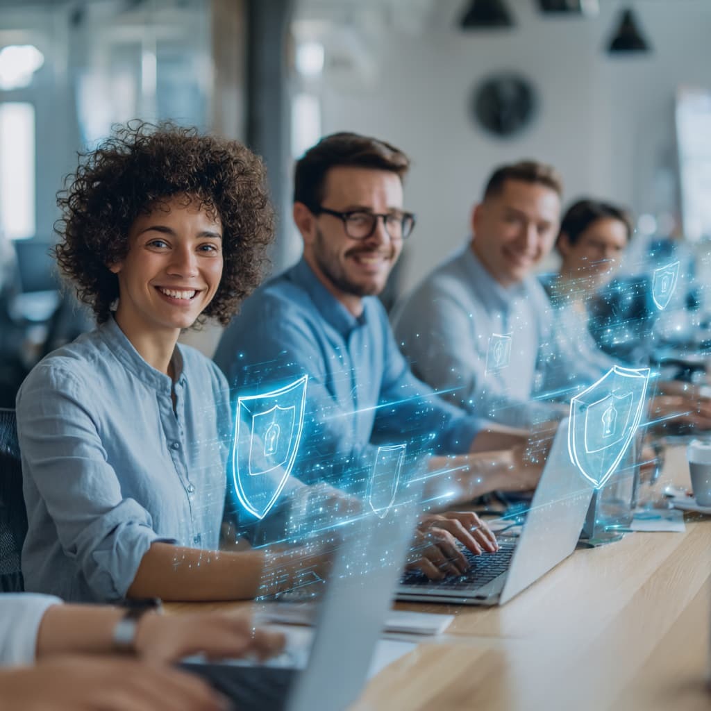 Employees working together to train on identifying and preventing cybersecurity threats