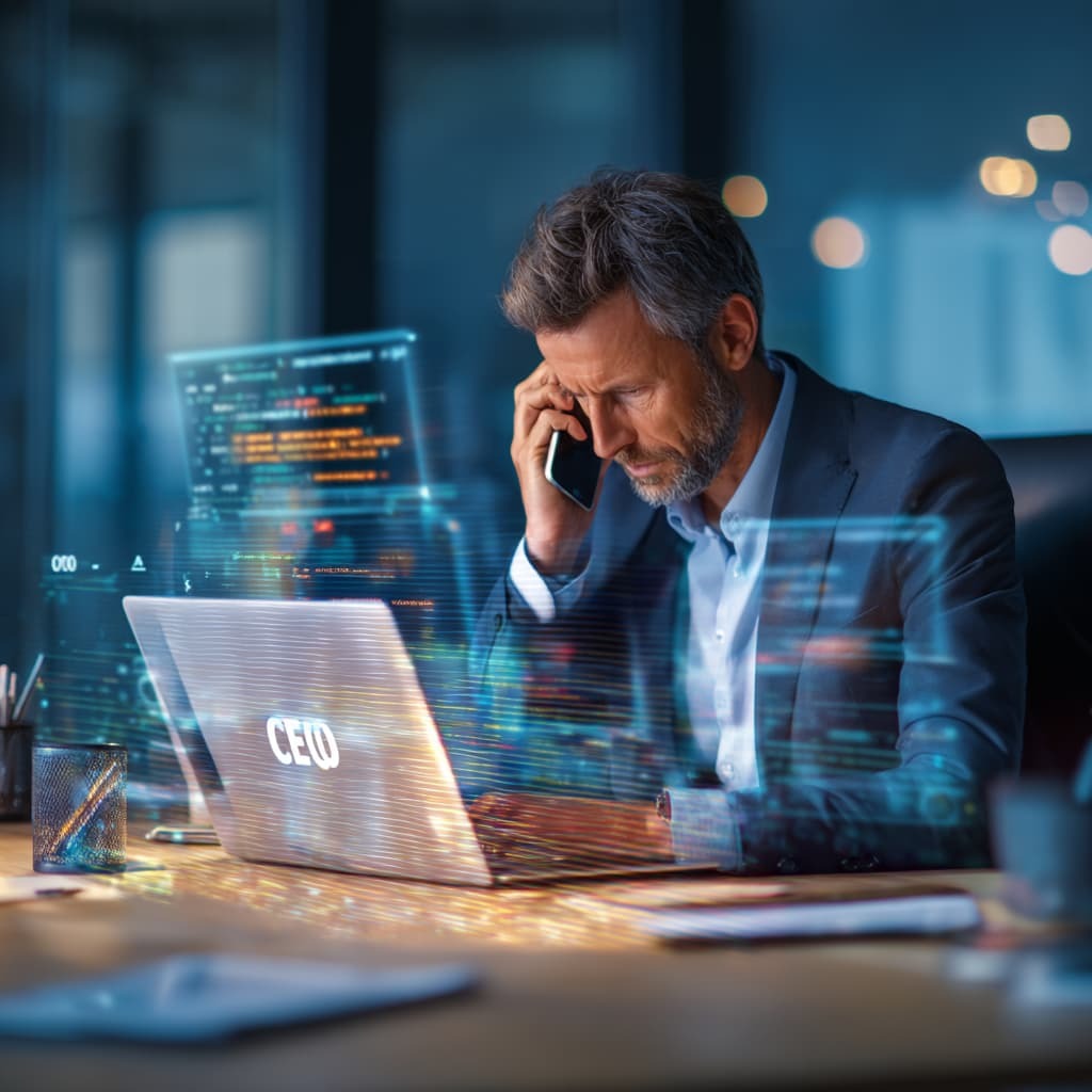 Employee dealing with an AI-powered phishing and deepfake social engineering cyberattack